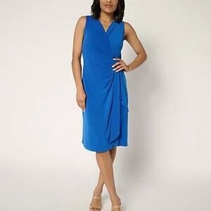 Susan Graver Womens Large Cobalt Dream Blue Liquid Knit Faux Wrap Cascade Dress